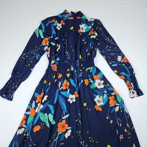 Nanette Lepore Floral High Lo Smocked Maxi Dress Ruffle Long Sleeve Navy Size 6 - Picture 16 of 16